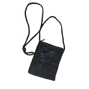 Vintage Style Crochet Black Crossbody Evening Bag Floral Sequin Detail Purse